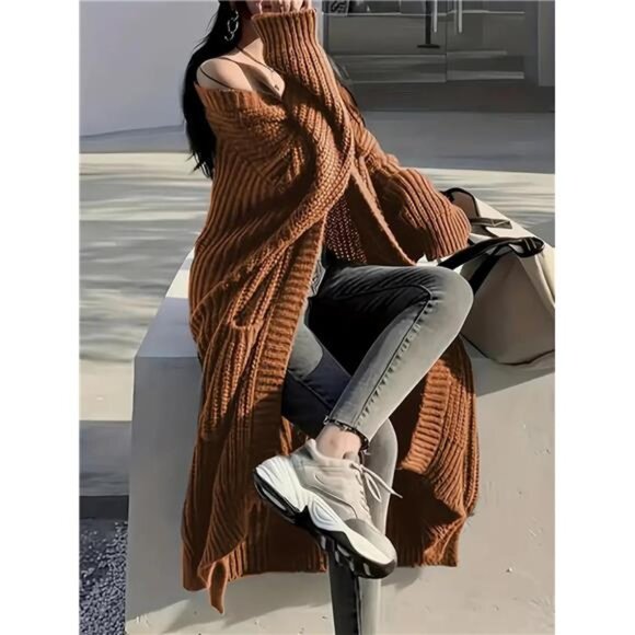 Womens Long Cardigan Sweaters Open Front Oversized Camel - Picture 4 of 5
